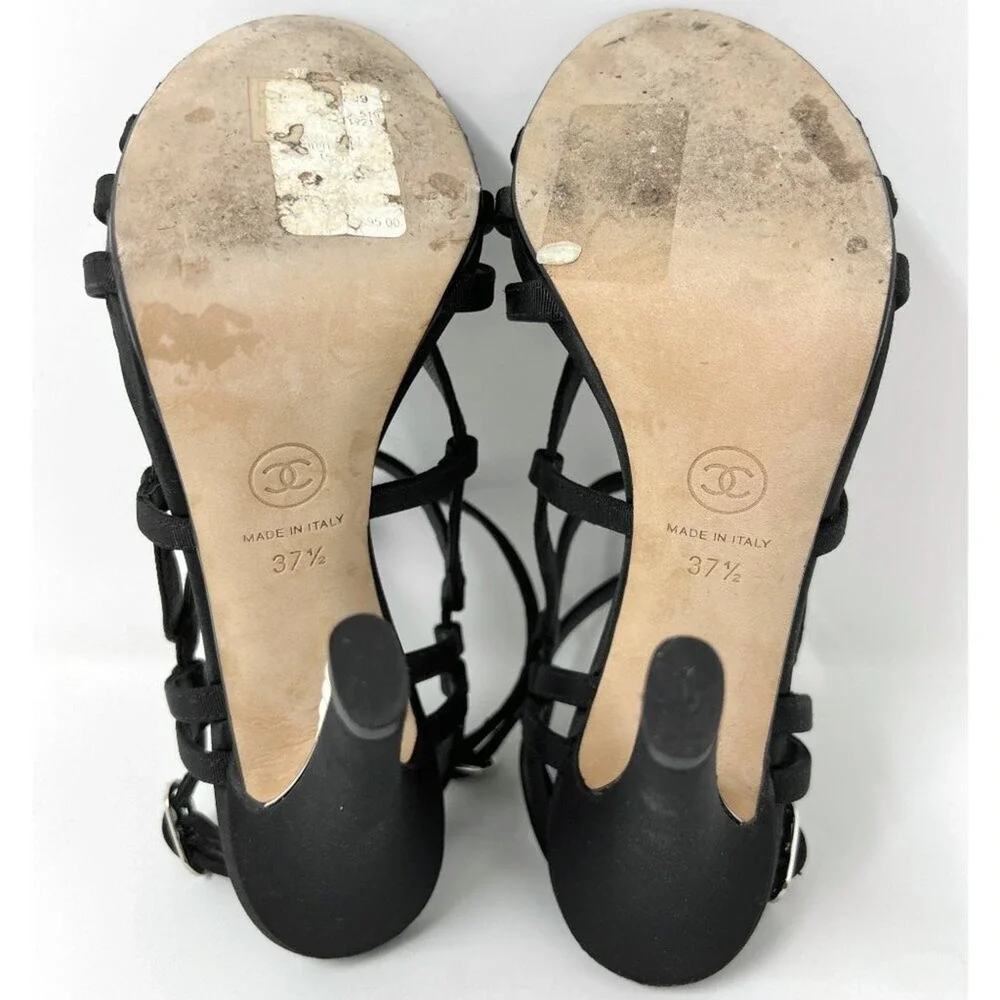 Chanel Pearl Heel‎ Grosgrain Gladiator Sandals Black 37.5